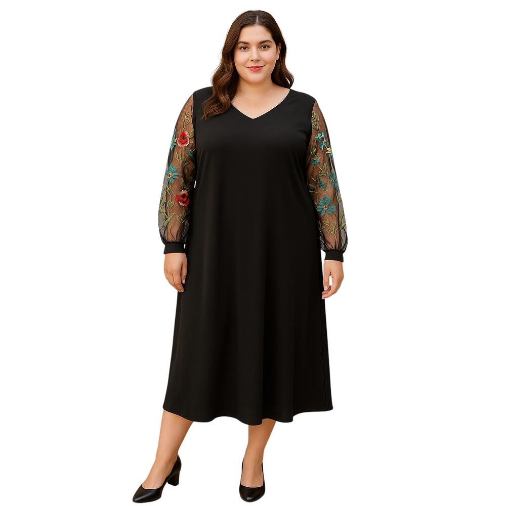 Zapelle Women's 1X-18W Black Midi Dress Sheer Sleeves Floral Embroidered